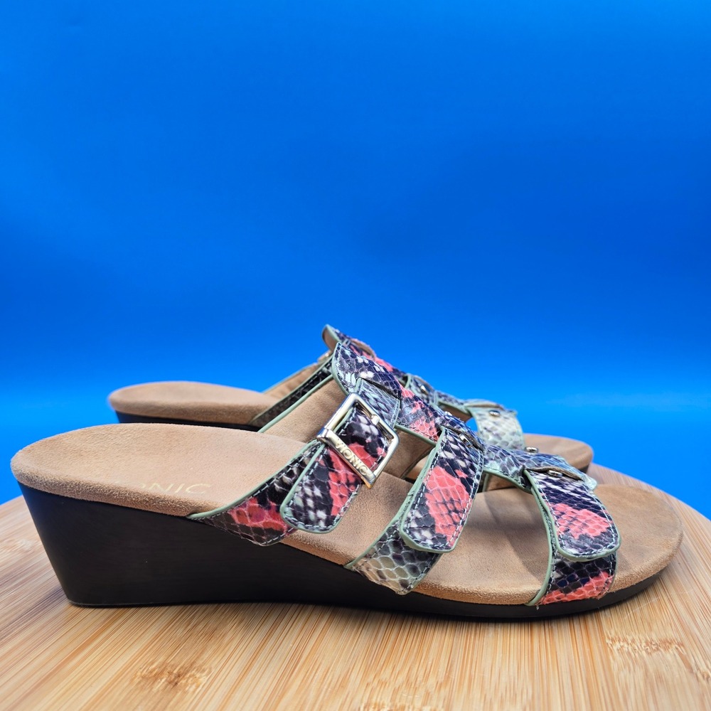 Vionic Radiant Multi Color Snakeskin Leather Wedge Sandals Womens Size 8